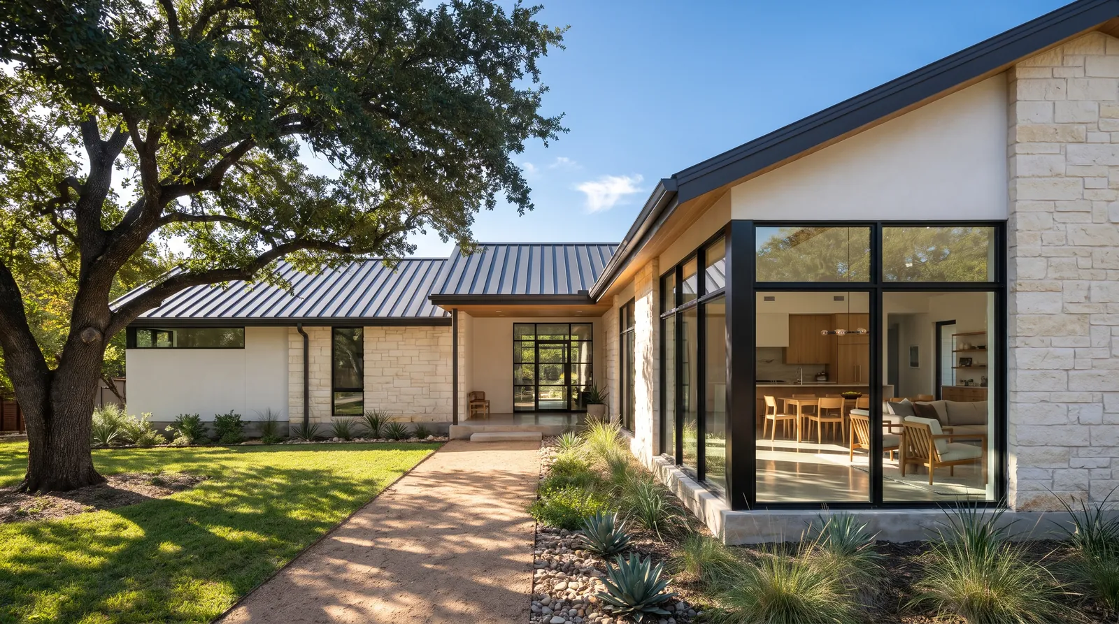 Renovated modern limestone house under a live oak