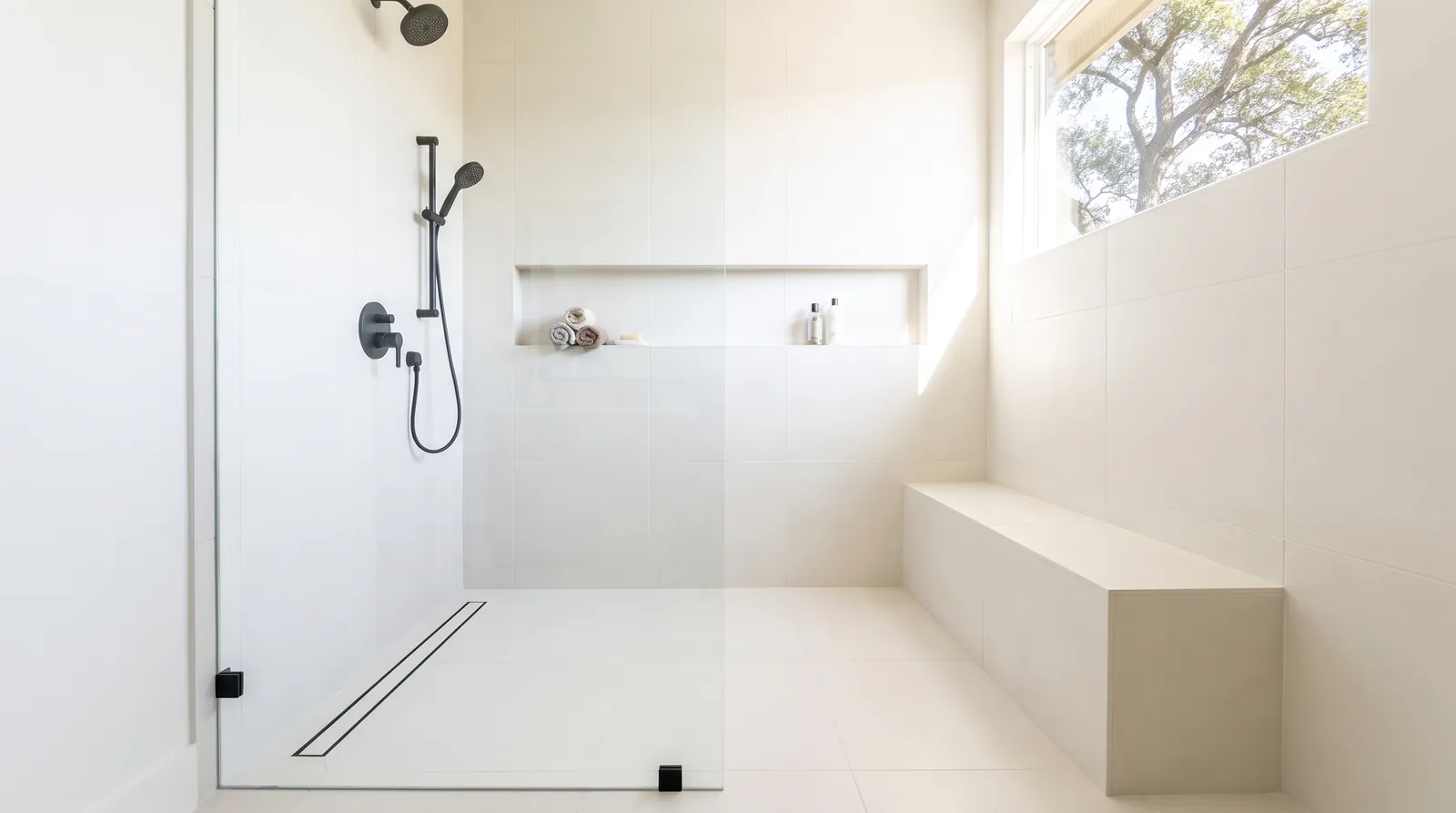 Curbless walk-in shower with a linear drain, a tiled bench, and a long niche