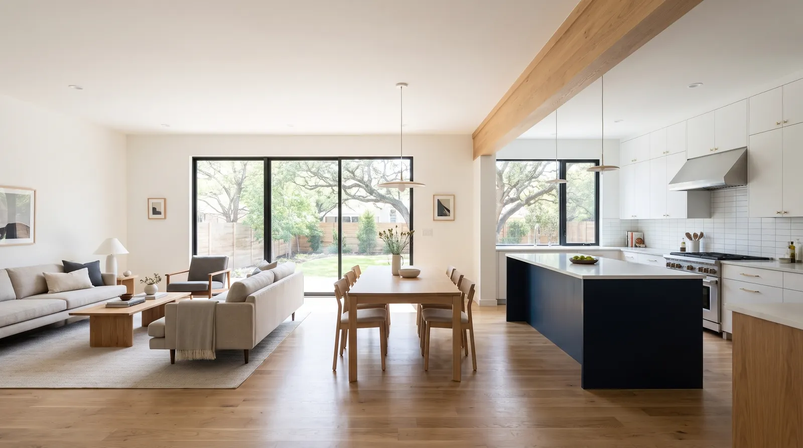 Opened-up living and dining room with a white oak beam where a wall came out